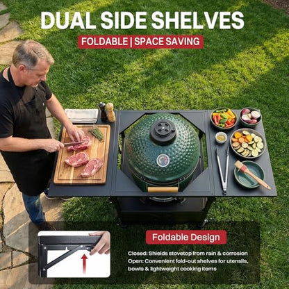 Outdoor Grill Cart for Big Green Egg Style| Egg BBQ Grill with a Cover| 3-Duty Storage| 2 Sided Prep Table| 530Lbs&Heavy Duty Metal |Outside-in Easy Assembly| Compatible with Big Green Egg, Kamado Joe