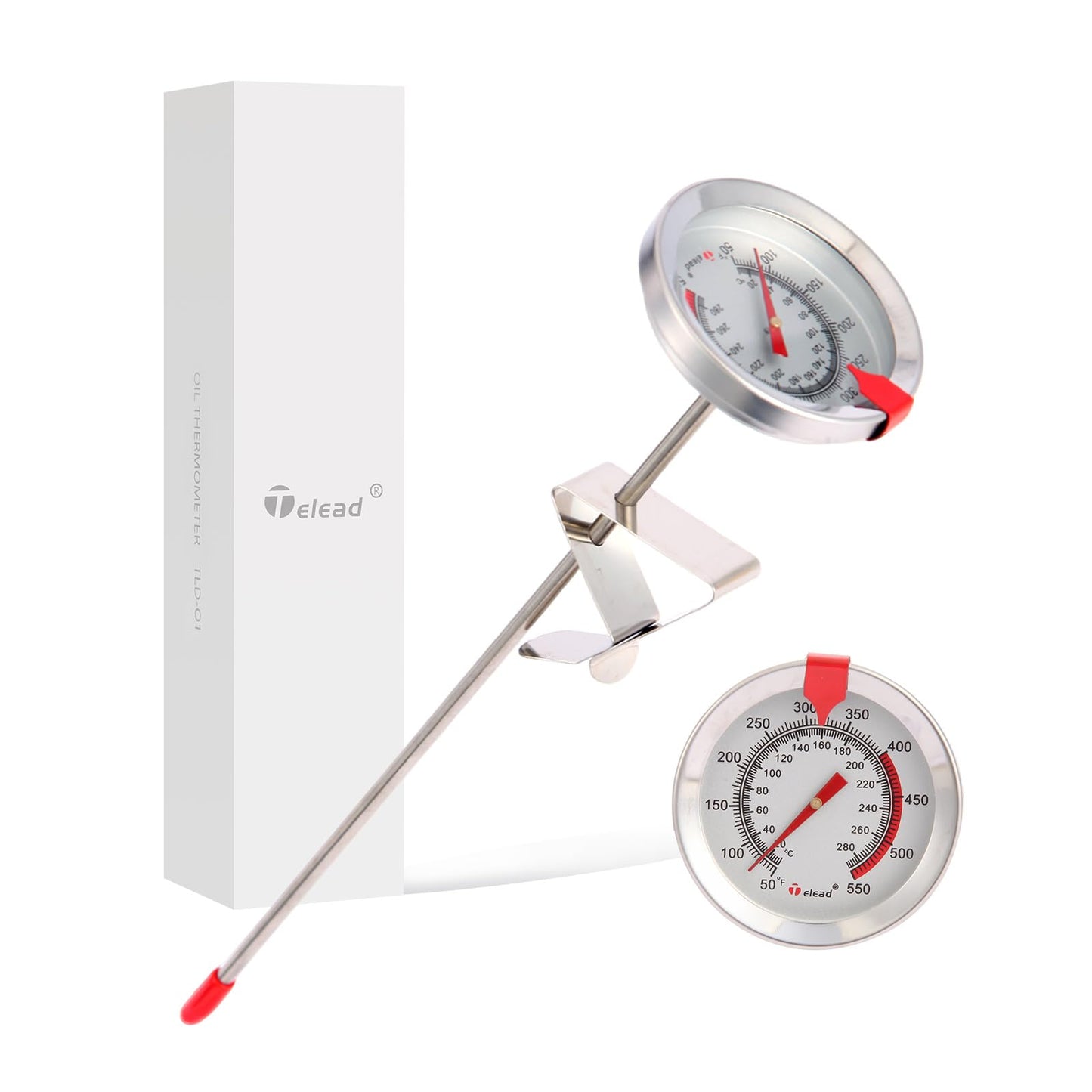 Telead Candy Thermometer Waterproof - Oil Thermometer for Frying with Clips - 9" Side of Pot Thermometer Deep Fry for Oil Candy Candle BBQ - Silver