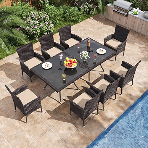 ALAULM 10 Piece Outdoor Patio Dining Set for 8 All-Weather Wicker Patio Furniture Set w/Tempered Glass Tabletop, Removable Cushions and Umbrella Hole for Patio, Backyard, Garden, Poolside (Brown)