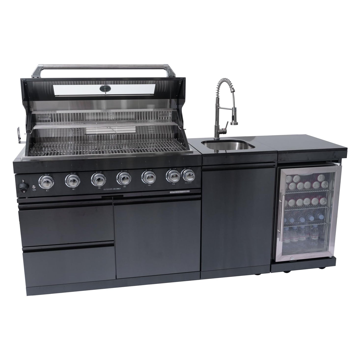 6 Burner Outdoor Kitchen Island with Grill, Deluxe Stainless Steel Modular Outdoor Kitchen, 85000 BTU, Gas Propane BBQ Island with Refrigerator, Sink, Rotisserie, 85"W, Black