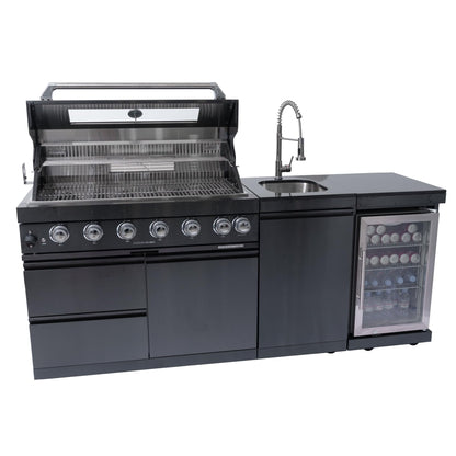 6 Burner Outdoor Kitchen Island with Grill, Deluxe Stainless Steel Modular Outdoor Kitchen, 85000 BTU, Gas Propane BBQ Island with Refrigerator, Sink, Rotisserie, 85"W, Black
