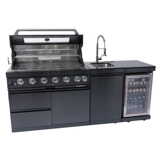 6 Burner Outdoor Kitchen Island with Grill, Deluxe Stainless Steel Modular Outdoor Kitchen, 85000 BTU, Gas Propane BBQ Island with Refrigerator, Sink, Rotisserie, 85"W, Black