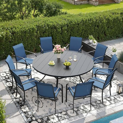 DIFY 11 Pieces Outdoor Patio Dining Set for 10, 60" Black Round Metal Dining Table and 10 Blue Stackable Sling Dining Chairs, Outdoor Table and Chairs for Lawn Garden Backyard Deck
