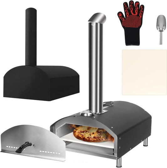 Outdoor Pizza Oven, Portable Wood Pellet Fired Pizza Ovens, Stainless Steel Wood Fire Burning Backyard Pizza Maker for Outside, with Pizza Stone, Scoop, Anti-Scald Glove, Pizza Oven Cover