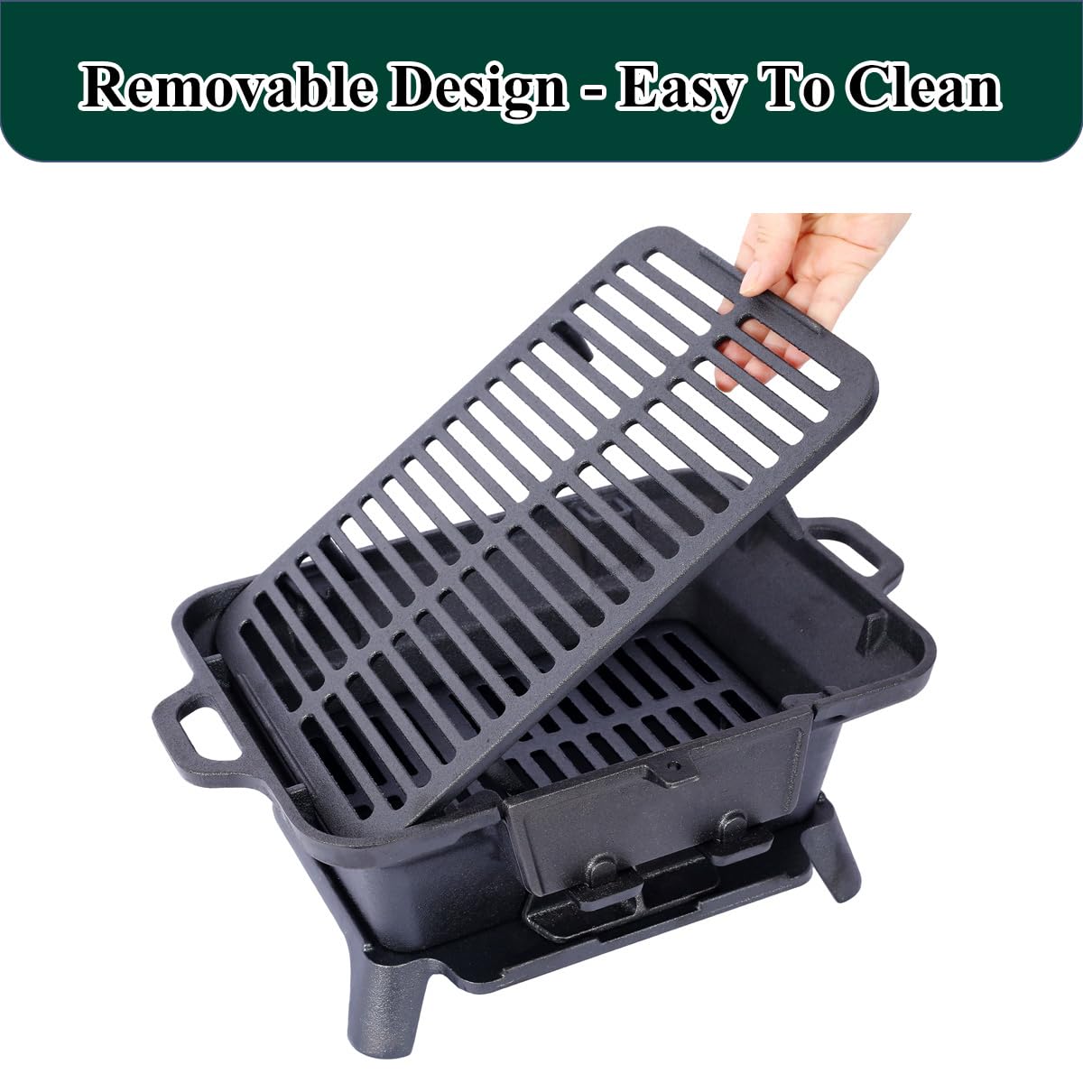 Cast Iron Hibachi Grill, Portable Charcoal Hibachi Grills, Compact Camping Charcoal Cooker for Tailgating, Picnics & Hunting (Rectangle)