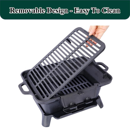Cast Iron Hibachi Grill, Portable Charcoal Hibachi Grills, Compact Camping Charcoal Cooker for Tailgating, Picnics & Hunting (Rectangle)
