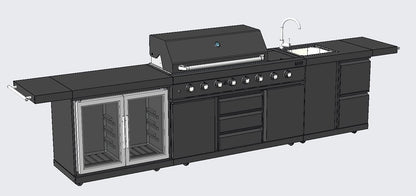 3 Piece Island Modular BBQ Outdoor Grill Black Stainless Steel with Double Refrigerator, Sink, Rotisserie, and Cover, Propane or Natural Gas