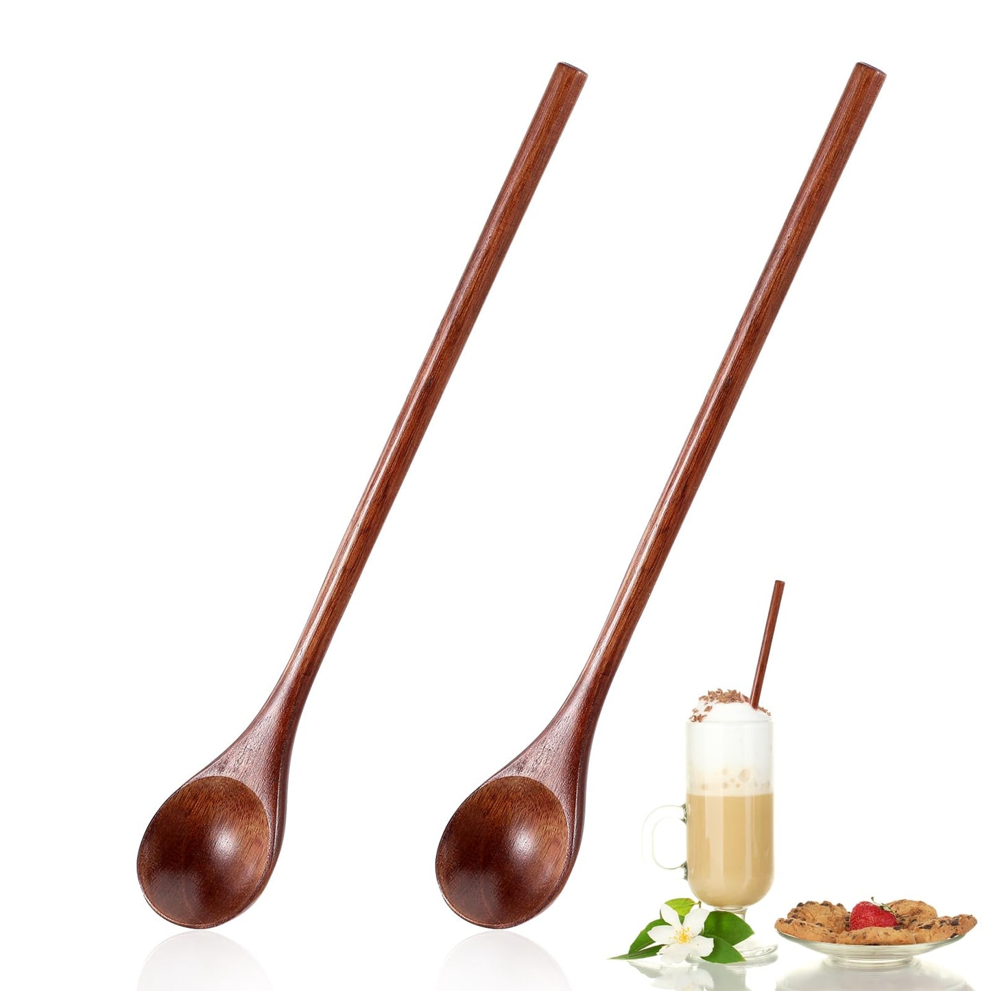 Ouligay 2 Pcs Long Wooden Spoon,Wooden Honey Spoon,7.8 Inch Wood Mixing Spoons for Coffee,Wood Spoons for Eating Stirring,Wooden Teaspoon with Long Handle for Kitchen Bar Restaurant