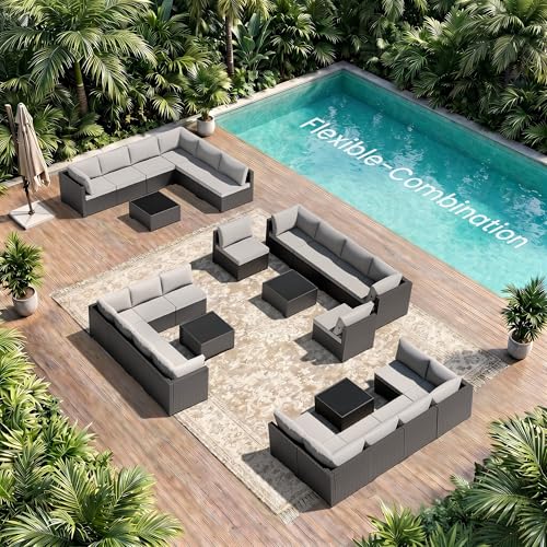 LAWNOOK Patio Furniture Set - All-Weather - 7 Piece Patio Outdoor Conversation Set, Modular Wicker Rattan Sectional Sofa for Backyard, Garden, Poolside, Balcony, Porch, Patio,Black/Light Gray