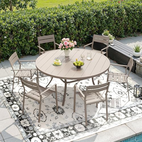 DIFY 7 Piece Patio Dining Set, 50" Round Table & Metal Chairs, Sandshell