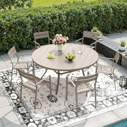 DIFY 7 Piece Patio Dining Set, 50" Round Table & Metal Chairs, Sandshell