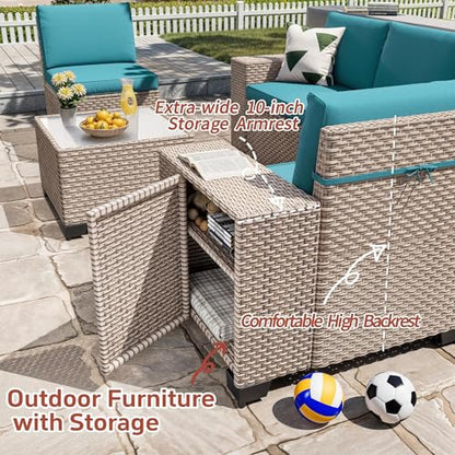 Aukreolis 13 Pieces Patio Furniture Set with Fire Pit Table, Outdoor Sectional Wicker Sofa with Thickened Cushions and Coffee Table, High Back Rattan Patio Conversation Sets, Cyan