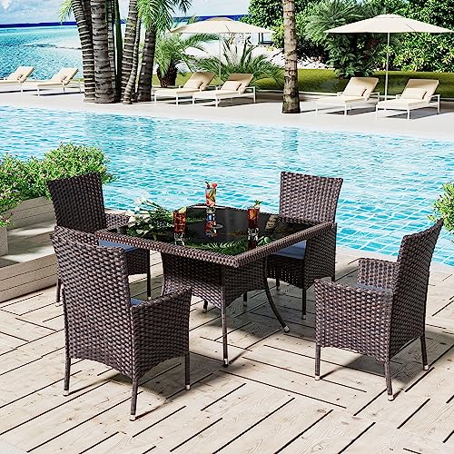 ASJMR 5 Pieces Dining Sets for 4 with Rattan Wicker Dining Set Chairs and Square Table Glass Top with Umbrella Cutout, Outdoor and Indoor Set for Patio, Backyard, Garden, Poolside, Kitchen-Navy