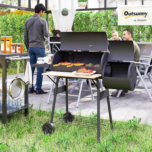 Outsunny Charcoal Grill with Offset Smoker, 231 Sq.In. Cooking Area, Barrel BBQ Grill and Smoker Combo with Side Tables, Shelf, Thermometer, Wheels for Outdoor Patio Backyard Party Event Gathering