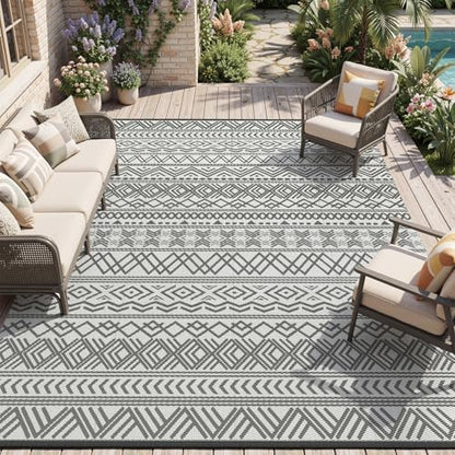 MontVoo Outdoor Rug Carpet Waterproof 5x8 Outdoor Patio Rug Mat Reverisble Plastic Straw Outdoor Rug for RV Camping Picnic Beach Balcony Boho Grey