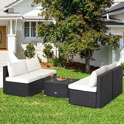 Tangkula 5-Piece Outdoor Patio Furniture Set, Patiojoy PE Wicker Conversation Set with Cushions and Coffee Table, Patio Sectional Sofa Furniture Set for Garden, Poolside, Backyard (Off White)
