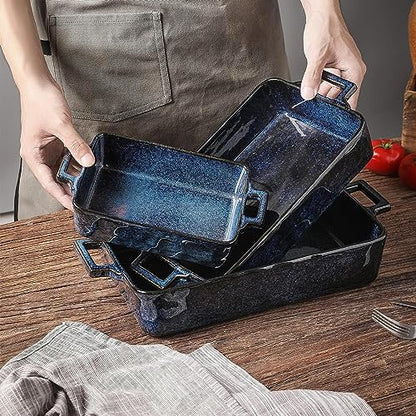 VICRAYS Ceramic Bakeware Set, Porcelain Rectangular Lasagna Pans Casserole Dish Set for Baking, Cooking, Kitchen, Cake Dinner, Banquet and Daily Use, 3 PCS, 15 x 8.5 Inches(Blue)