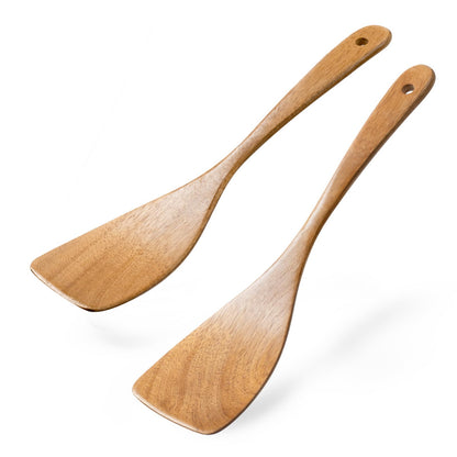 Hefild 2Pcs Curved Wooden Spatula for Cooking, 12.5inch Wood Turner for Frying, Non-Scratch Wood Flat Spurtle for Pan & Wok, Acacia Wooden Cooking Utensils for Non Stick Cookware, Long Handle Scraper