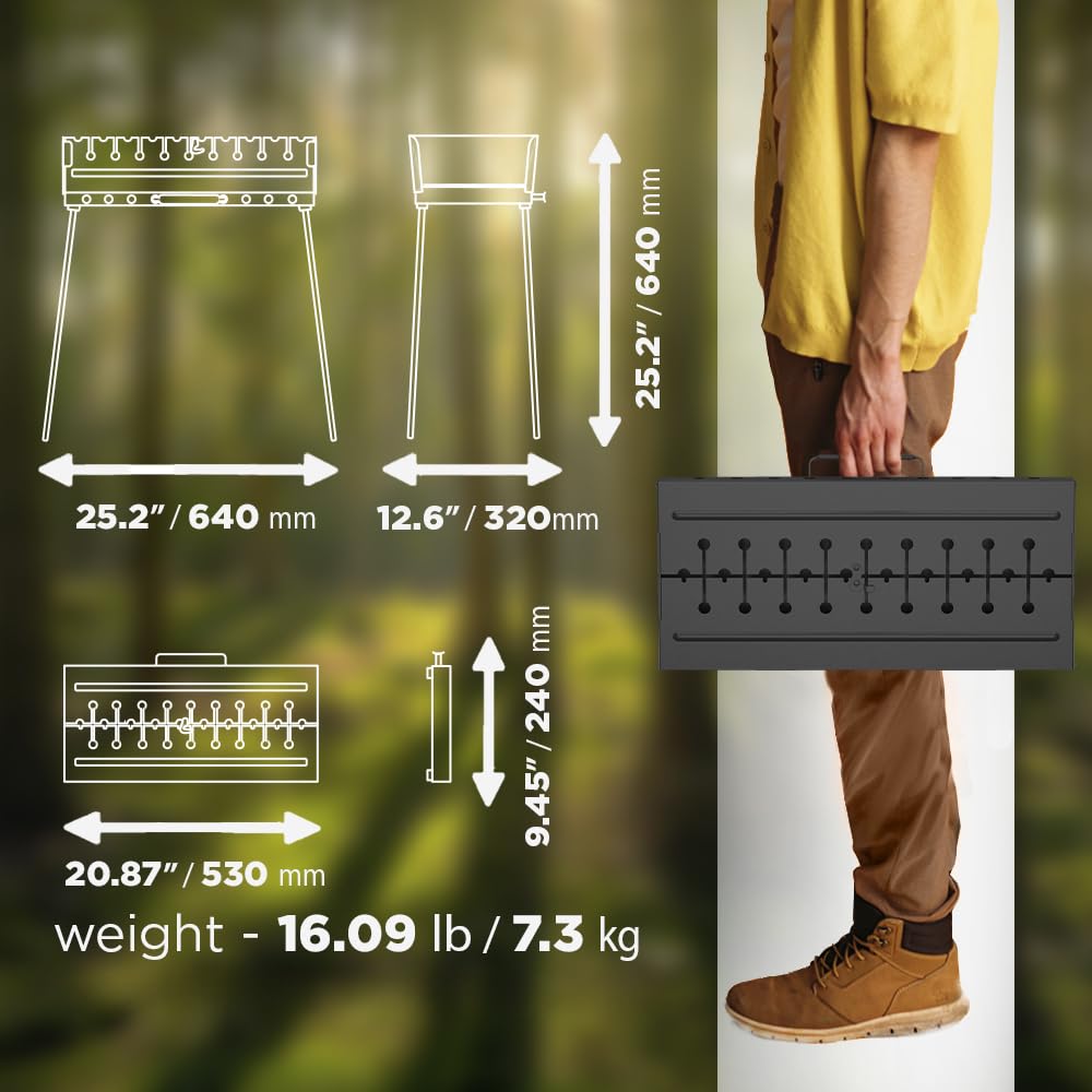 Charcoal Grill for 10 Skewers - Portable Barbecue Kabob Camp Grills - Foldable Metal Mangal - Kebab Shish BBQ for EDC Picnic Outdoor Cooking Camping Hiking NB10