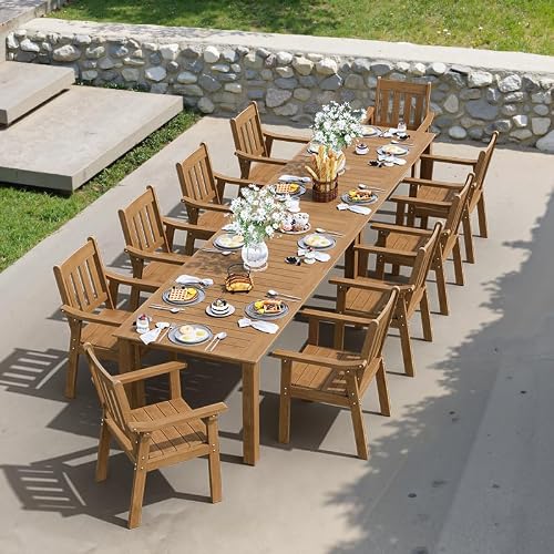 YEFU Outdoor Dining Set for 10, All-Weather HIPS, Aluminum Frame, Teak