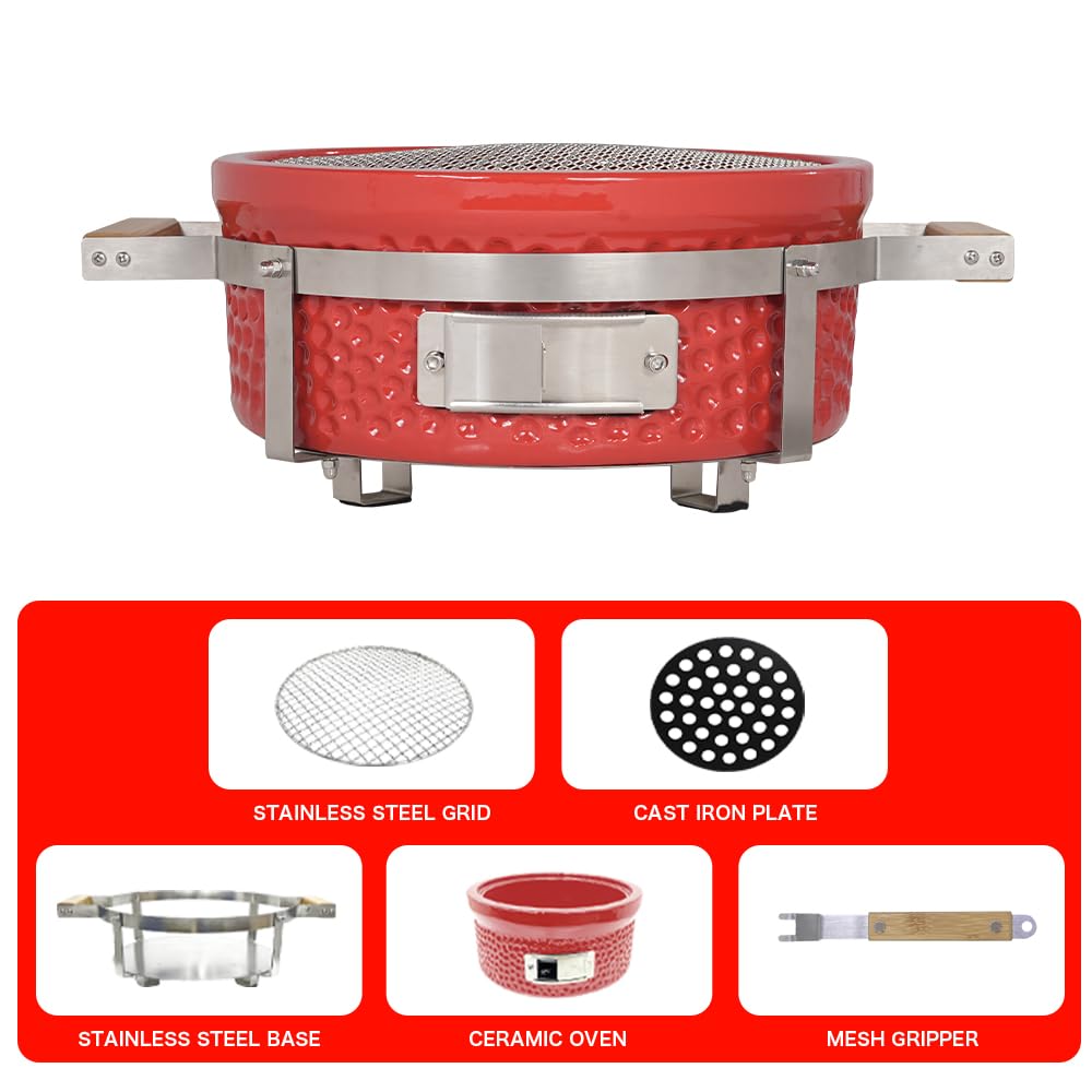 AUPLEX Yakitori Ceramic Charcoal Grill, Square Japanese Style Tabletop BBQ Gill With Grid Lifter For Indoor/Outdoor, 16"x9", Red