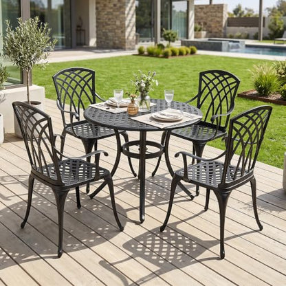 NUU GARDEN 5-Piece Outdoor Dining Set, 33" Cast Aluminum Dining Table with Umbrella Hole and 4 Cast Aluminum Chairs, Patio Table and Chair Set, Patio Dining Set for Poolside Deck Yard Balcony, Black