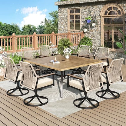 MIXPATIO 9 Pieces Outdoor Patio Dining Set, 57.5“ Metal Square Table with Umbrella Hole, 8 x Rope Rattan Swivel Chairs with 3.2" Cushion for Yard, Porch, Beige