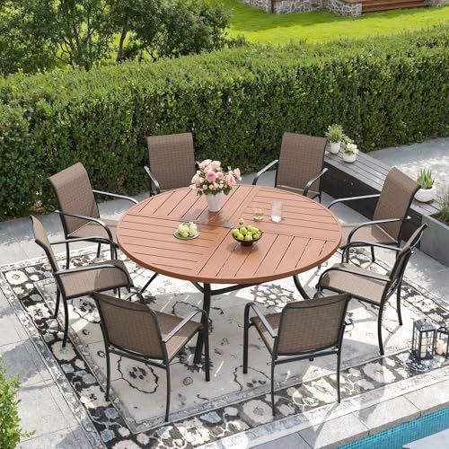 DIFY 9 Pieces Outdoor Patio Dining Set for 8, 53.1" Walnut Round Metal Dining Table and 8 Brown Stackable Sling Dining Chairs, Outdoor Table and Chairs for Lawn Garden Backyard Deck