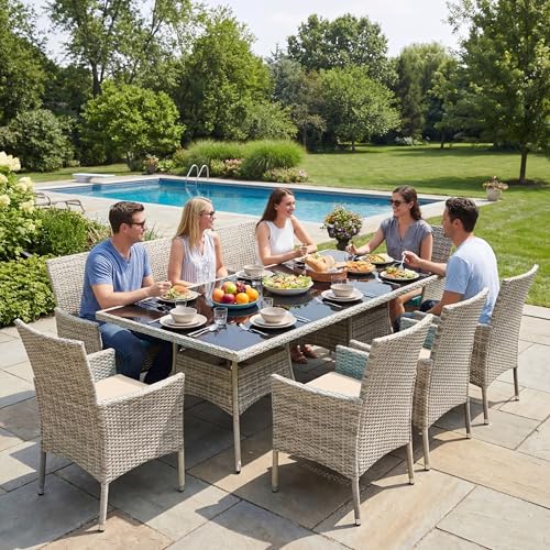 Muphyers 10-Piece Patio Dining Set, Patio Furniture Set with Square Tempered Glass Table & 8 Wicker Chairs, Expandable Design for Larger Groups, Outdoor Furniture for Backyard, Deck, Garden, Beige