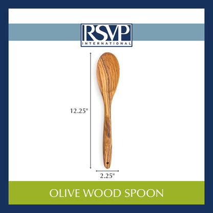 RSVP International Olive Wood Spoon, 12" | Rustic, Natural Authentic Italian Olive Wood | Classic Style for Kitchens, Tables, & More | Functional for Serving Vegetables, Stirring Pasta
