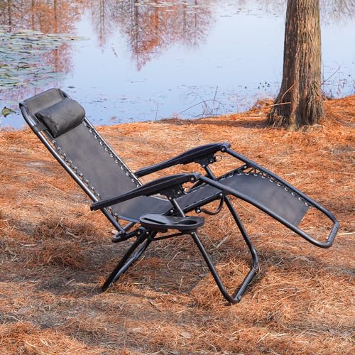 VTOY Zero Gravity Lounge Chair,Adjustable Outdoor Reclining Patio Chairs with Pillow and Cup Holder,Portable Camping Beach Chair,Steel Mesh Folding Recliner for Pool Yard Lawn (Black)