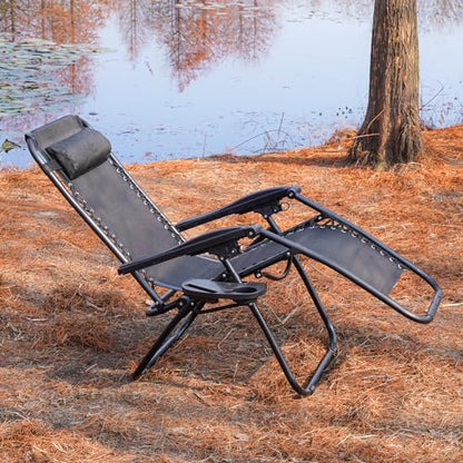 VTOY Zero Gravity Lounge Chair,Adjustable Outdoor Reclining Patio Chairs with Pillow and Cup Holder,Portable Camping Beach Chair,Steel Mesh Folding Recliner for Pool Yard Lawn (Black)