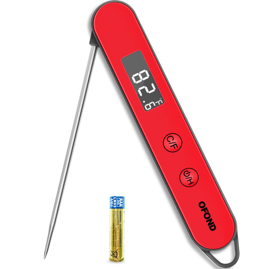 OFOND Meat Thermometer for Grill and Cooking, Instant Read Food Thermometer with LCD Backlight, Foldable Digital Probe, Steak Kitchen Thermometer for BBQ Oven Smoker, Store by Magnet & Hook (Red)