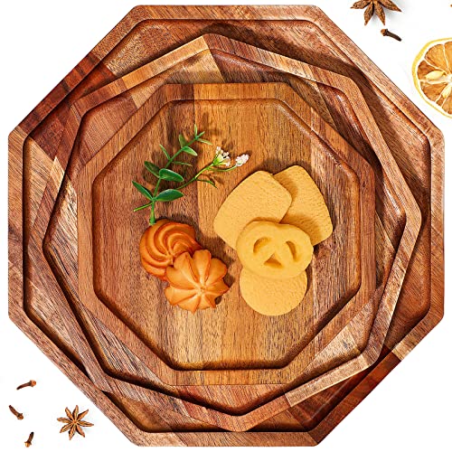 Sabary 3 Pieces Acacia Wood Serving Tray Wooden Octagon Bread Fruit Platter Large Decorative Plates Charcuterie Cheese Platter Board Vegetable Food Dish for Salad Pizza Cupcakes(12", 10", 8")