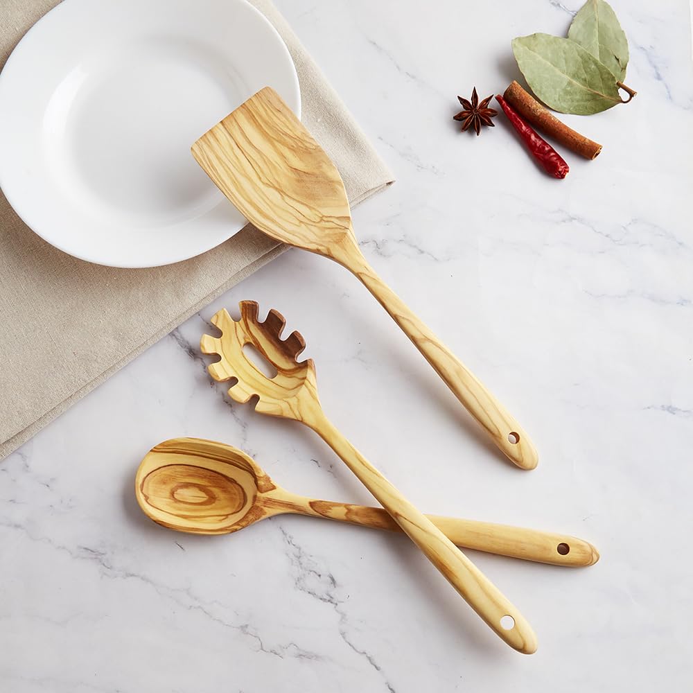 Olive Wood Cooking Utensils, 12 Inch Long Handle Wood Spoons, 3 PCES Crafting Wooden Spoon Set - Includes Turner, Spoon, Pasta Server, Essential Wooden Utensil Set