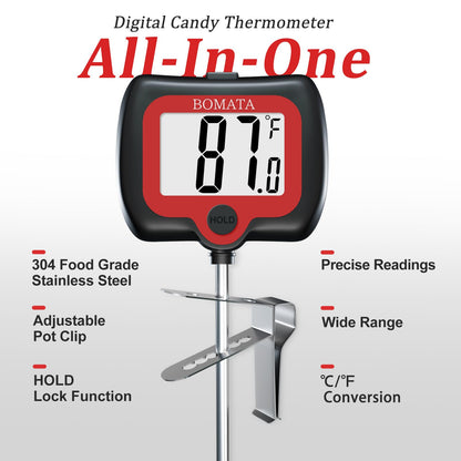 BOMATA Candy Thermometer with Pot Clip, Instant Read Cooking Thermometer with 8" Long Probe, Rotating Display, for Candy Making, Food, Candle Making, Liquids, Water, Baking, Sugar, Grilling. Black