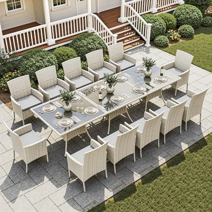 Muphyers 15-Piece Patio Dining Set, Patio Furniture Set with Square Tempered Glass Table & 12 Wicker Chairs, Expandable Design for Larger Groups, Outdoor Furniture for Backyard, Deck, Garden, Grey