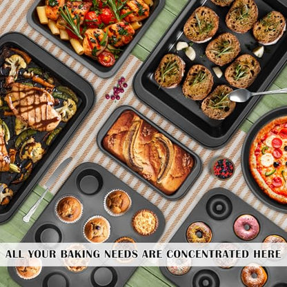 Bakeware Sets, Nonstick Baking Pans Set 8 Piece Including Donut Pan,2 Round Cake Pan, Square Cake Pan, Loaf Pan, Muffin Pan, Cookie Sheet, Roast Pan, Carbon Steel Bake Set (black)