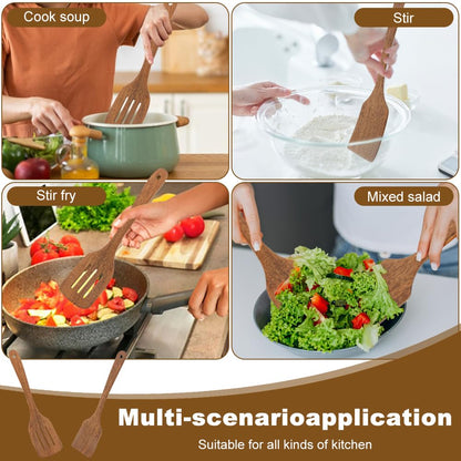 2 Pack Wooden Spatula, Solid Turner & Slotted Spatula Set for Nonstick Pans, Wood Long Handle Flat Frying Turner, Wood Spatulas for Cooking, Frying, Baking
