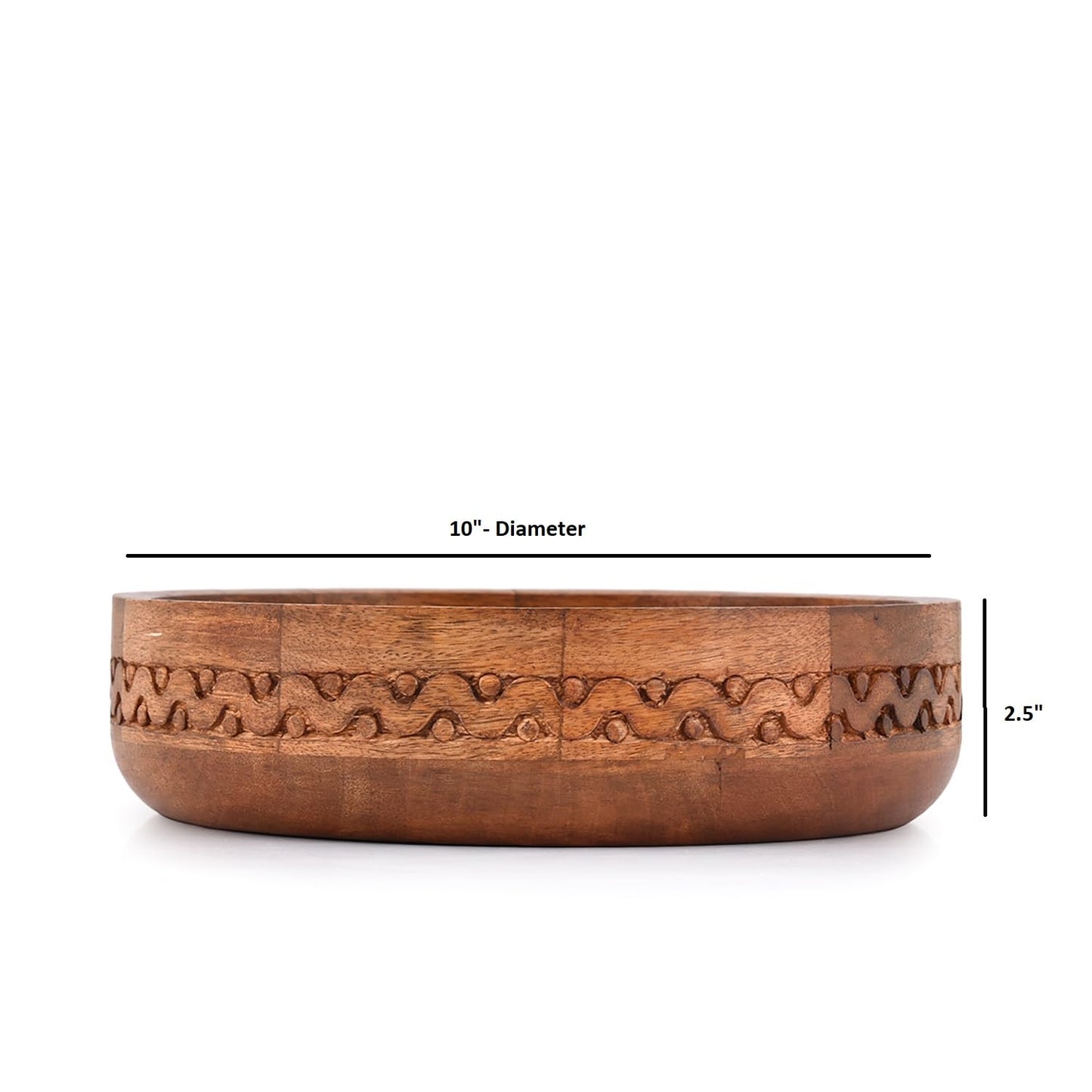 EDHAS Mango Wood Decorative Round Carved Bowl for Decoration, Centerpiece Bowl for Table (10" x 10" x 2.5")