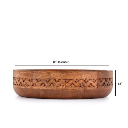 EDHAS Mango Wood Decorative Round Carved Bowl for Decoration, Centerpiece Bowl for Table (10" x 10" x 2.5")