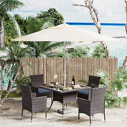 ASJMR 5 Pieces Dining Sets for 4 with Rattan Wicker Dining Set Chairs and Square Table Glass Top with Umbrella Cutout, Outdoor and Indoor Set for Patio, Backyard, Garden, Poolside, Kitchen-Navy