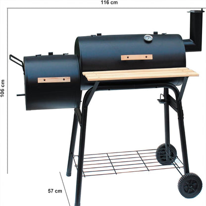 RENJJPBO Barrel Charcoal Grill with Offset Smoker, Wheels for Easy Rolling, and Table for Small Patio Backyards