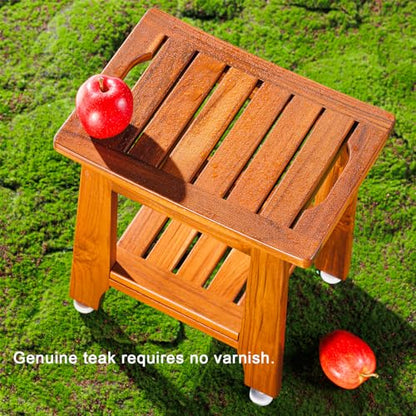 14" Compact Teak Shower Stool with Shelf & Handle - Waterproof, Non-Slip Bath Bench for Small Bathrooms/Tub/Outdoor Use, 300 lbs Capacity (Patented)
