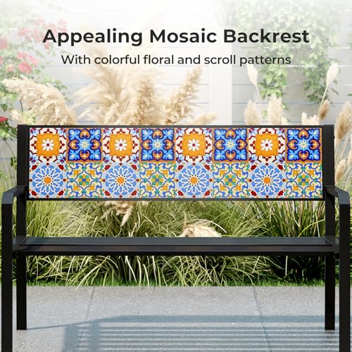 Tangkula 50" Metal Patio Park Bench, Modern Outdoor Classic Slatted Loveseat for 2-3 People with Curved Seat & Mosaic Backrest, Heavy-Duty Outdoor Seating for Backyard, Poolside, Porch