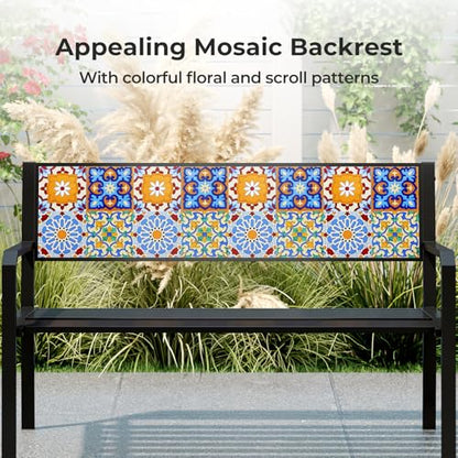 Tangkula 50" Metal Patio Park Bench, Modern Outdoor Classic Slatted Loveseat for 2-3 People with Curved Seat & Mosaic Backrest, Heavy-Duty Outdoor Seating for Backyard, Poolside, Porch