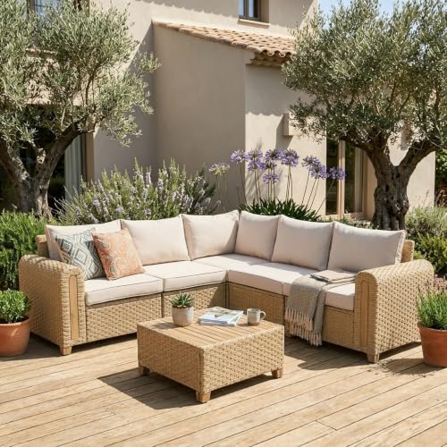 SUNSITT 6-Piece Patio Wicker Modular Sectional Set with Acacia Wood Accents