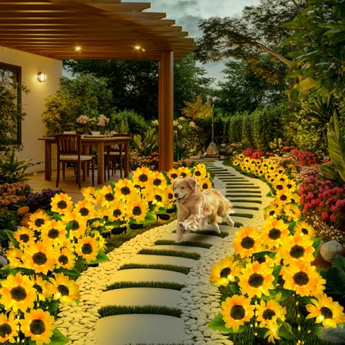 ILLUMINEW 4-Pack Solar Sunflower Garden Decor, 12 LED Flower Stake Lights - Waterproof Long-Lasting Outdoor Solar Patio Decor for Lawn, Yard & Pathway