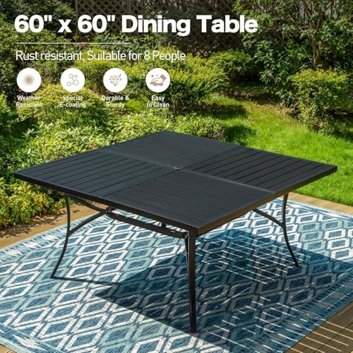 9 Pieces Patio Dining Set, 8 x Woven Rattan Chairs with Waterproof Cushion, 60" Square Metal Dining Table with Umbrella Hole, Outdoor Table and Chairs Set for Backyard Lawn and Deck, Beige