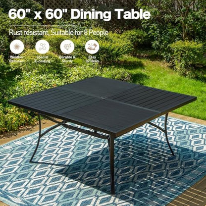 9 Pieces Patio Dining Set, 8 x Woven Rattan Chairs with Waterproof Cushion, 60" Square Metal Dining Table with Umbrella Hole, Outdoor Table and Chairs Set for Backyard Lawn and Deck, Beige